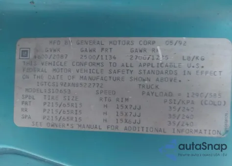 1992 GMC Sonoma from USA, damaged, VIN 1GTCS19ZXN8522772